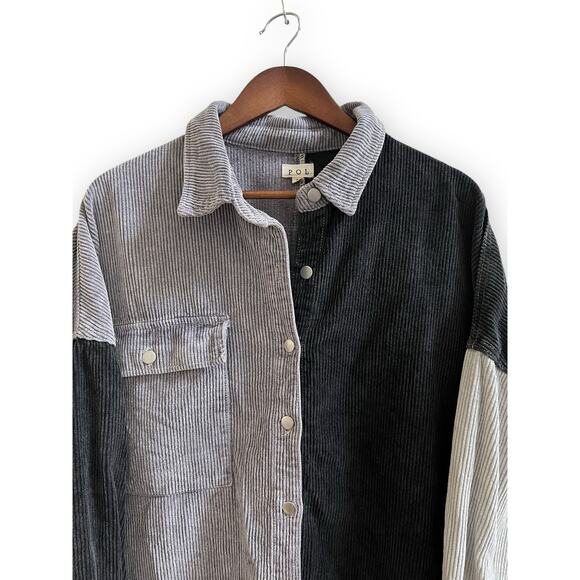 POL Corduroy Colorblock Black Gray Shacket Button Down Oversized Size Large - Picture 4 of 16